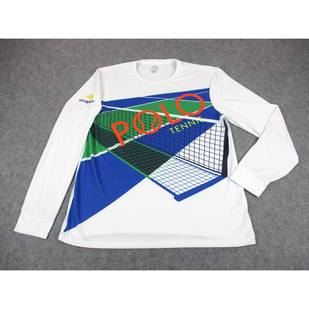 Polo Ralph Lauren Shirt Mens Large White Blue Tennis Graphic Long Sleeve US Open